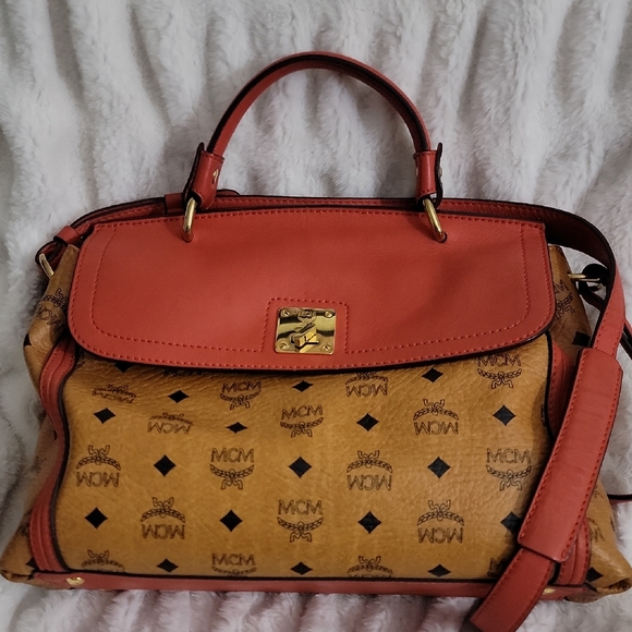 MCM Handbags - MCM Coral and Tan Logo Satchel